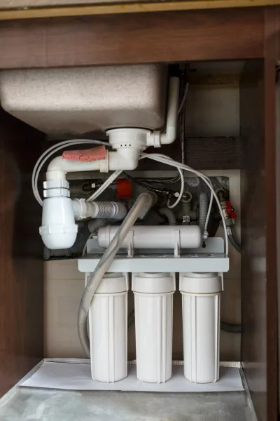 Under-sink water filter system with three filter canisters plumbed in
